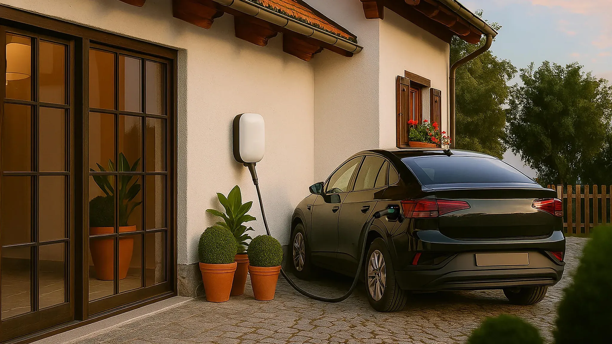 Haus mit Wallbox angeschlossen an ein Auto