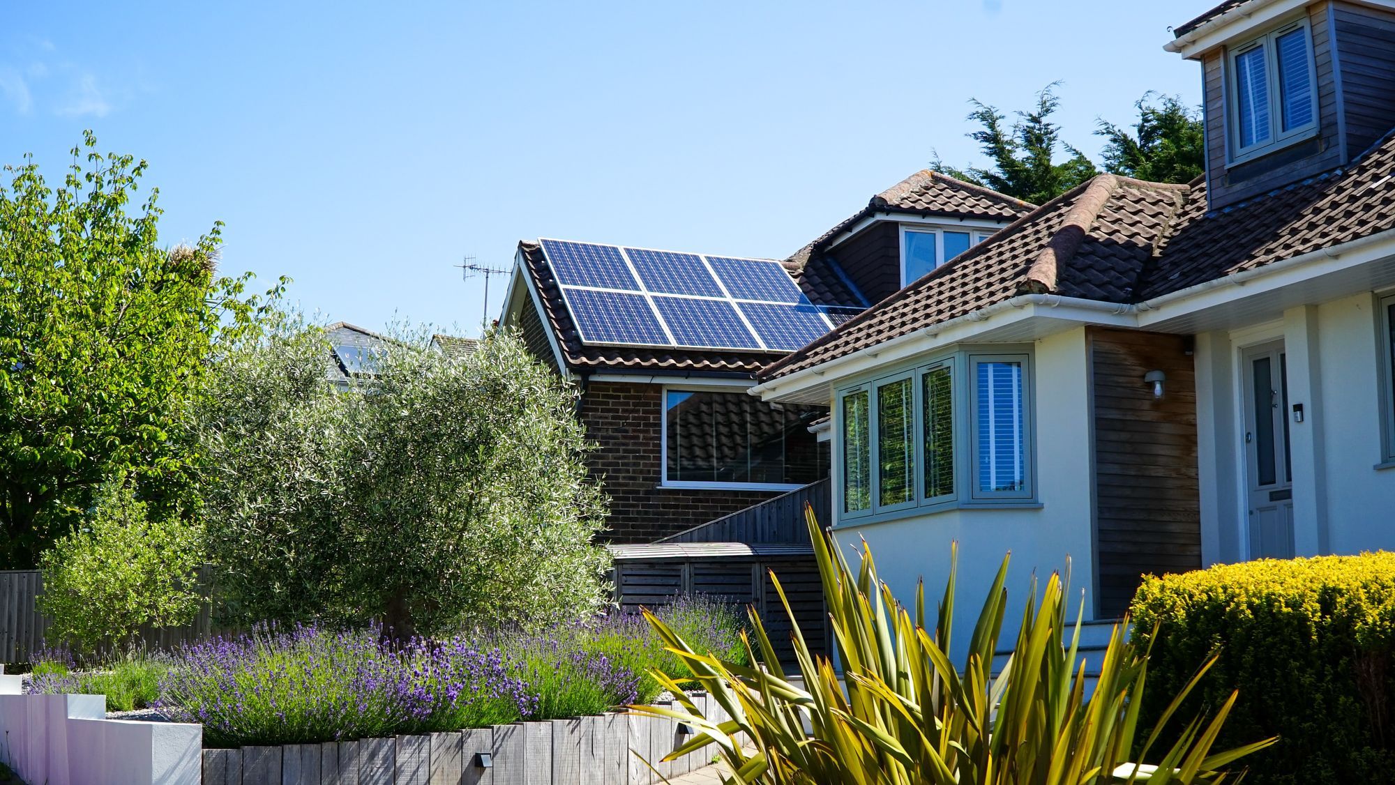 Sonnenbeschienene Häuser mit grünen Pflanzen im Garten und Photovoltaikanlage am Dach
