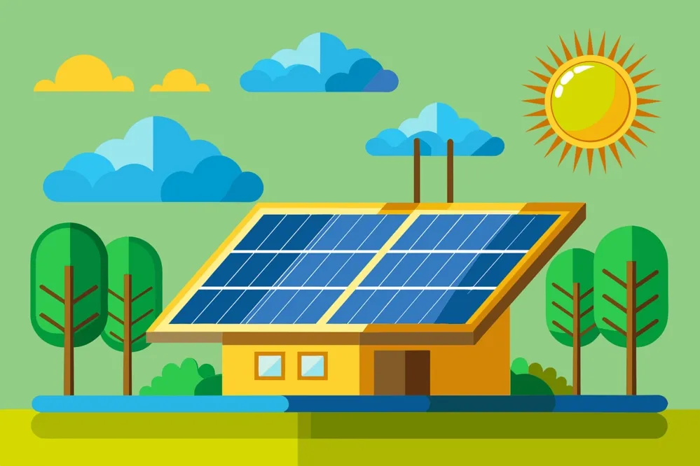 Haus mit Solarpanels und Sonne im Himmel