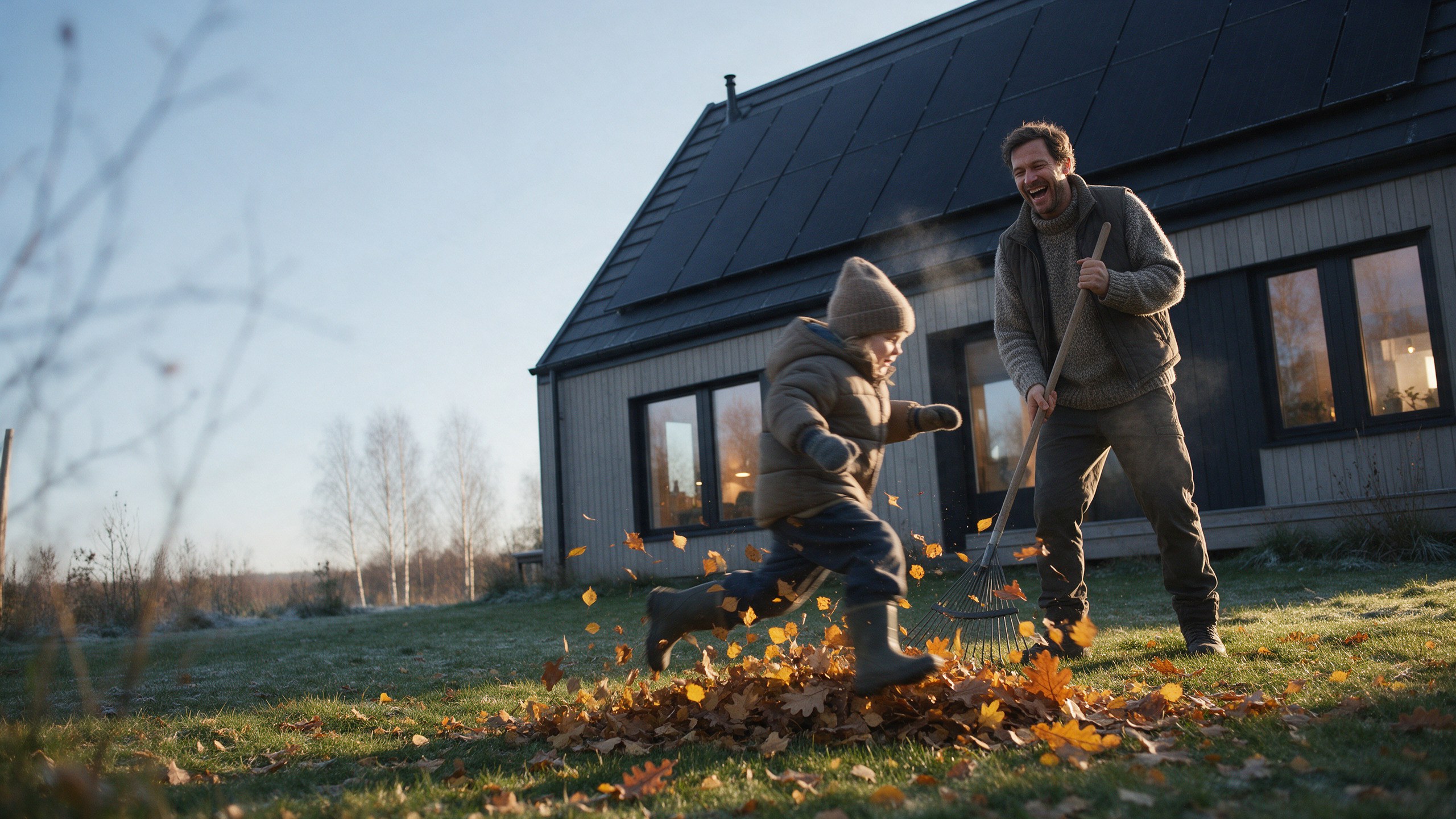 Vater und Kind spielen im Herbstlaub vor ihrem Haus mit Solaranlage auf dem Dach